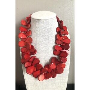 Coral Choker~Dark Red Tear Drop Shape ~Silver Tone Toggle